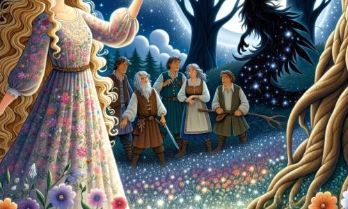 Illustration einer magischen Szene in einem verzauberten Wald, wo majestätische Bäume mit knorrigen Stämmen in einen sternenübersäten Himmel aufragen, erleuchtet von einem silbernen Mond. Bunte, glitzernde Blüten bedecken den Boden, während ein leichter Nebel zwischen den Wurzeln der Bäume tanzt. Im Zentrum des Bildes steht eine junge Frau mit langen, welligen Haaren, die wie goldene Fäden glänzen, mit einem entschlossenen Blick. Sie trägt ein leichtes Kleid in Blau- und Violetttönen, verziert mit floralen Mustern. In ihrer Hand hält sie einen funkelnden Kristall, der sanftes Licht ausstrahlt und ihr mutiges Gesicht erhellt. Um sie herum beobachten mehrere Dorfbewohner, Männer und Frauen mittleren Alters, mit Ausdruck von Staunen und Besorgnis die Szene. Sie sind in einfachen, naturverbundenen Kleidern gekleidet, und einige halten landwirtschaftliche Werkzeuge, die von ihrem Alltag zeugen. Die Hauptsituation zeigt die junge Frau, die einer dunklen Kreatur gegenübersteht, die aus dem Schatten der Bäume auftaucht. Die Kreatur, obwohl bedrohlich, beginnt sich zu verwandeln, ihr Aussehen mildert sich unter dem Licht des Kristalls. Lichtstrahlen emanieren vom Kristall und schaffen eine Atmosphäre von Magie und Hoffnung, während die Dorfbewohner im Hintergrund den Atem anhalten, Zeugen dieses entscheidenden Moments.