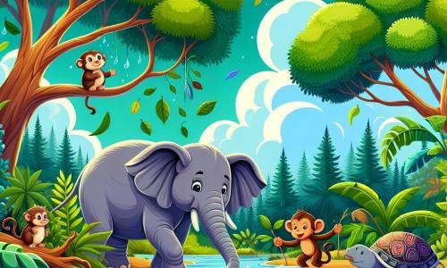 Ilustración que representa una escena vibrante en una jungla exuberante, donde árboles majestuosos con hojas verdes brillantes se elevan hacia un cielo azul salpicado de nubes blancas y esponjosas. En el centro, una elefanta graciosa, con grandes orejas en forma de paraguas y una trompa que parece tocar una dulce melodía, se activa alegremente limpiando un arroyo, sus patas robustas hundiéndose ligeramente en el agua clara. A su lado, un pequeño mono travieso con ojos brillantes y pelaje marrón trepa por una rama, observando con curiosidad y lanzando hojas al agua para ayudar. Una tortuga sabia, con un caparazón decorado con patrones, nada lentamente, mientras un pájaro colorido vuela por encima, cantando alegremente. La escena irradia una atmósfera de camaradería y alegría, con salpicaduras de agua y hojas flotantes, ilustrando el esfuerzo colectivo por limpiar el arroyo y preservar la belleza de su hábitat.