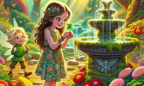 Illustratie van een prachtige en mysterieuze betoverde tuin, vol kleurrijke bloemen met stralende rode, gele en paarse bloemblaadjes. In het midden staat een oude stenen fontein bedekt met mos, waar helder water uit stroomt, glinsterend in de zon. Op de voorgrond staat een 9-jarig meisje met lange golvende bruine haren, gekleed in een lichte jurk met bloemenpatroon en sandalen. Ze heeft sprankelende nieuwsgierige ogen en een stralende glimlach terwijl ze zich vooroverbuigt om een klavertje vier te bekijken, dat ze voorzichtig tussen haar vingers houdt. Dichtbij observeert een klein magisch wezen met glinsterende vleugels, dat op een fee lijkt, het meisje. Het heeft gouden haren en draagt een groene tuniek, zijn ogen stralen intelligentie en ondeugendheid uit. Het lijkt klaar om haar een geheim te onthullen. De hoofdscène toont het meisje dat het klavertje vier ontdekt, dat een zachte gouden gloed uitstraalt, terwijl de fee haar aanmoedigt met een samenzweerderige glimlach. Op de achtergrond creëren majestueuze bomen en stralen licht die door de bladeren filteren een magische sfeer. Kleurrijke vlinders vliegen rond en voegen leven toe aan deze betoverde scène.