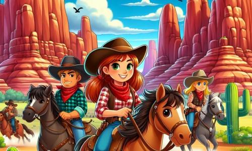 Eine Illustration zeigt eine fesselnde Szene in einem majestätischen Canyon, wo hohe rote Felswände unter einem strahlend blauen Himmel mit flauschigen weißen Wolken aufragen. Im Vordergrund leitet eine etwa 20-jährige Cowgirl mit braunen, geflochtenen Haaren, einem Cowboyhut und einem karierten Hemd eine Gruppe von Pferden zu einer Lichtung. Ihr entschlossenes und lächelndes Gesicht zeigt ihren Mut. An ihrer Seite reiten zwei Cowboys, einer etwa 30 Jahre alt mit einem roten Bart und einem roten Bandana um den Hals, der andere ein 18-jähriger junger Mann mit blonden Haaren und funkelnden Augen. Sie beobachten die Umgebung und sind bereit zu handeln. Die Hauptsituation zeigt die Gruppe in Aktion, während sie sich darauf vorbereitet, eine Bande von Dieben zu überraschen, die sich in den Felsen versteckt hält. Zusätzliche grafische Elemente umfassen verstreute Kakteen, Vögel, die am Himmel fliegen, und Schatten, die von den Felsen geworfen werden, was eine Atmosphäre von Abenteuer und Kameradschaft im Wilden Westen schafft.