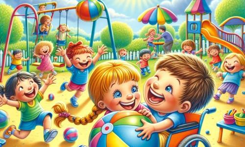 Illustrazione che rappresenta un centro estivo soleggiato, pieno di colori vivaci. In primo piano, un grande parco giochi con altalene e uno scivolo multicolore, circondato da alberi verdi e fiori brillanti. Tre bambini sono al centro della scena: un ragazzo di circa 8 anni, con capelli castani e occhiali, sorridente e con una grande palla colorata; una ragazza di circa 7 anni, con capelli biondi in trecce, saltellante di gioia con un ampio sorriso; e un ragazzo di circa 9 anni, in sedia a rotelle, con capelli castani e una maglietta blu, che ride e lancia la palla verso i suoi amici. La scena principale mostra i bambini che giocano insieme, ridendo e divertendosi, creando un'atmosfera di amicizia e gioia. Sullo sfondo, altri bambini giocano, adulti sorvegliano e un cielo blu splendente con alcune nuvole bianche aggiunge un tocco di magia a questa bella giornata estiva. Gelati dai colori vivaci sono visibili su un tavolo accanto, contribuendo all'atmosfera festosa.