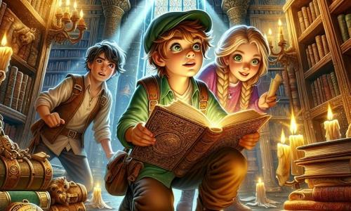 Illustratie die een boeiende scène in een oude bibliotheek van een mysterieus kasteel weergeeft. De muren zijn bedekt met stoffige boeken, met houten boekenplanken en grote ramen die gouden stralen licht binnenlaten en de kamer verlichten. In het midden zit een 9-jarig jongetje met rommelig bruin haar en een groene pet, terwijl hij een oud open boek voor zich houdt. Zijn gezicht toont verwondering en nieuwsgierigheid. Naast hem bladert een 10-jarig meisje met lange blonde vlechten en een ondeugende glimlach door een ander boek, haar ogen sprankelend van opwinding. Een 9-jarig, gespierd jongetje met kort haar en een vastberaden uitstraling onderzoekt een grote oude kaart die op een houten tafel ligt. De hoofdscène toont de drie vrienden die aanwijzingen ontdekken over een mysterieuze schattenjacht, omringd door glinsterende schatten en oude voorwerpen. Verspreide vellen papier, kleurpotloden en een oud kompas voegen een vleugje avontuur toe aan de illustratie, terwijl een sfeer van magie en mysterie in de lucht hangt.