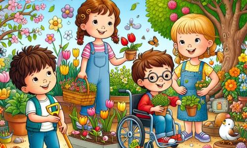 Illustration eines üppigen Gartens im Frühling, gefüllt mit bunten Blumen wie Tulpen und Narzissen, mit blühenden Bäumen und einem blauen Himmel, der mit flauschigen weißen Wolken gesprenkelt ist. In der Mitte versammelt sich eine Gruppe von vier Kindern: ein 12-jähriges Mädchen mit lockigem braunem Haar, das lächelt und eine kleine Schaufel hält, und ein 12-jähriger Junge mit Brille und kastanienbraunem Haar, der sich auf das Pflanzen von Tomaten konzentriert. Neben ihnen steht ein 11-jähriges Mädchen mit geflochtenem blonden Haar, die mit verschränkten Armen Geschichten erfindet, während sie die Blumen beobachtet, und ein 12-jähriger Junge im Rollstuhl, der mit einem großen Lächeln einen Topf Basilikum hält. Die Szene zeigt die Kinder beim Säen von Samen und Gießen der jungen Pflanzen, umgeben von bunten Gartenwerkzeugen, mit Vögeln, die in den Bäumen singen, und Insekten, die um sie herum summen, was eine fröhliche und lebendige Atmosphäre schafft.