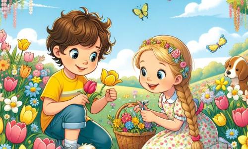 Illustration eines charmanten Gartens im Frühling, gefüllt mit bunten Blumen wie Tulpen, Narzissen und Gänseblümchen, unter einem hellblauen Himmel mit einigen flauschigen weißen Wolken. In der Mitte hockt ein 11-jähriger Junge mit lockigem, braunem Haar, der ein leuchtend gelbes T-Shirt und eine Jeansshorts trägt, und ist fasziniert von den Blumen, die er genau betrachtet. Neben ihm steht ein 10-jähriges Mädchen mit langen, geflochtenen blonden Haaren, das ein blumiges Kleid trägt und einen kleinen Korb mit gepflückten Blumen hält, während sie fröhlich lächelt. Die Szene strahlt eine Atmosphäre von Entdeckung und Freundschaft aus, mit bunten Schmetterlingen, die um sie herumfliegen, und einem kleinen braunen Hund, der im Gras spielt. Blumenketten hängen zwischen den Bäumen und verleihen diesem fröhlichen Frühlingsmoment eine festliche Note.