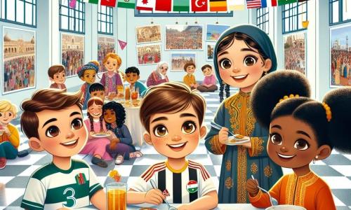 Eine Illustration zeigt einen großen, hellen Raum in einem Kulturzentrum, mit Wänden, die mit bunten Fahnen und Fotos verschiedener Kulturen geschmückt sind. In der Mitte versammelt sich eine Gruppe von Kindern um einen Tisch, jeder lächelt und teilt typische Gerichte aus ihrem Land. Unter ihnen ist ein 12-jähriger Junge mit braunen Haaren und funkelnden Augen, der ein Fußballtrikot trägt und einen Teller mit Kebabs hält. Neben ihm steht ein 11-jähriges Mädchen mit schwarzen, lockigen Haaren in einem traditionellen marokkanischen Kleid, das Minztee serviert. Ein weiterer Junge asiatischer Herkunft mit glattem Haar und einem gemusterten Hemd zeigt stolz Papierlaternen, die er selbst gemacht hat. Schließlich erklärt ein 10-jähriges Mädchen mit dunkler Haut und Zöpfen begeistert einen traditionellen Tanz. Die Szene fängt die fröhliche Energie der Veranstaltung ein, bei der die Kinder Lachen und Geschichten austauschen, umgeben von köstlichen Gerichten und kulturellen Objekten. Bunte Luftballons schweben von der Decke, und Plakate, die Traditionen aus aller Welt darstellen, schmücken die Wände und schaffen eine warme und einladende Atmosphäre.