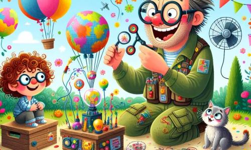 Ilustración que representa un jardín colorido y soleado, lleno de flores brillantes y pequeños árboles. En el centro, un hombre de aspecto excéntrico con cabello despeinado, gafas sobredimensionadas y una gran sonrisa, lleva un delantal con bolsillos rebosantes de gadgets. Está agachado, sosteniendo un arnés hecho de globos y telas coloridas, con una expresión de emoción en el rostro. A su lado, un niño de unos 8 años, con cabello rizado y castaño, observa con ojos muy abiertos, sosteniendo un pequeño gato de pelo gris que parece un poco inquieto. La escena muestra el momento en que el hombre prepara su invención para hacer volar al gato, rodeado de globos flotantes y un ventilador listo para ser encendido. Risas y colores vivos añaden una atmósfera alegre y lúdica a esta invención extravagante.