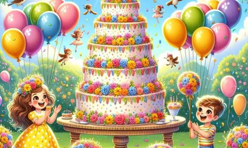 An illustration depicting a sunny garden filled with colorful flowers and floating balloons. In the center, a large table is adorned with a magnificent multi-tiered birthday cake covered in colorful frosting and sparkling candles. Three children are present: an 8-year-old girl in a yellow polka dot dress with long brown hair, smiling excitedly while holding a big piece of cake; another 8-year-old girl with curly hair in a colorful outfit, getting ready to hit a cake-shaped piñata with a stick; and an 8-year-old boy with short blond hair, joyfully clapping while holding multicolored balloons. The atmosphere is filled with laughter and joy, with confetti floating in the air and sunlight illuminating the scene. Small animals, like birds and squirrels, can be seen in the background, adding a touch of magic to this unforgettable birthday party.