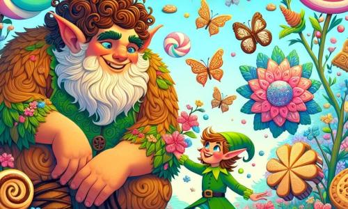 Ilustración que representa un magnífico claro encantado en el Bosque de las Galletas, donde árboles en forma de caramelos y flores de caramelo de colores vivos florecen bajo un cielo azul pastel. En el centro de la escena, un gigante de sonrisa cálida, con cabello desordenado y piel suave como el turrón, está agachado, sosteniendo delicadamente un ramo de flores de caramelo con pétalos brillantes. A su lado, un pequeño duende de orejas puntiagudas, de aproximadamente 8 años, con un sombrero verde y ojos chispeantes de travesura, salta de alegría mientras señala las maravillas del jardín. La escena principal muestra al gigante y al duende riendo juntos, rodeados de pasteles y caramelos que bailan a su alrededor, creando una atmósfera alegre y lúdica. Mariposas de azúcar vuelan alrededor, añadiendo un toque de magia a esta escena colorida y llena de vida.