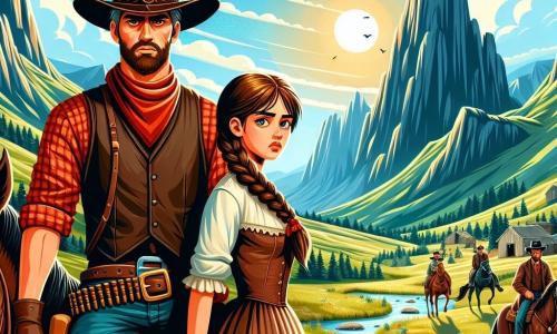 Illustratie die een levendige scène weergeeft in een zonnige vallei, omringd door majestueuze bergen en groene weiden. In het midden staat een dappere man met een brede cowboyhoed, een rood geruit overhemd en leren broek, stevig op zijn bruine paard Buck. Zijn gezicht is vastberaden, met ogen die sprankelen van moed, terwijl hij zijn revolver omhoog houdt om een jonge vrouw naast hem te beschermen. De jonge vrouw, ongeveer 20 jaar oud, heeft lange, gevlochten bruin haar en draagt een eenvoudige maar praktische jurk met leren laarzen. Ze kijkt bezorgd naar een groep mijnwerkers in de verte, die dreigend lijken. De hoofd situatie toont de man die klaar is om de jonge vrouw te verdedigen, terwijl ze zich nabij de ingang van een verlaten mijn bevinden, omringd door verspreide stenen en roestige gereedschappen. Op de achtergrond is de lucht helderblauw met witte wolken, en de zon schijnt fel, wat de scène in een gouden licht baadt. Details zoals vogels die in de lucht vliegen en kleurrijke wilde bloemen voegen een vleugje leven toe aan deze dynamische illustratie.