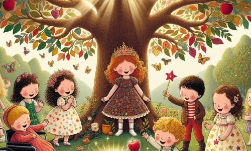 Illustratie van een grote majestueuze boom in het hart van een betoverd bos, met gekleurde bladeren in tinten groen, rood en goud, verlicht door zonnestralen die door de takken filteren. Aan de voet van de boom staat een groep van vijf blije kinderen. Een klein meisje met bruin haar, vier jaar oud, draagt een bloemenjurk en een grote glimlach, terwijl ze een glinsterende toverstok vasthoudt. Naast haar staat een jongen met blond haar, ook vier jaar oud, die een kleine pet draagt en naar een grote rode appel kijkt die vrolijk op de grond danst. Een ander klein meisje met krullend haar en een sterrenjurk lacht terwijl ze een koekje vasthoudt dat pirouettes maakt. Een jongen met kastanjebruin haar, die een teddybeer vasthoudt, lacht hard om de scène. Tot slot bewondert een glimlachend klein meisje in een rolstoel de magie met sprankelende ogen. Op de achtergrond zingt een dansende appel vrolijk, wat een vleugje magie en humor toevoegt aan deze levendige en vrolijke scène.