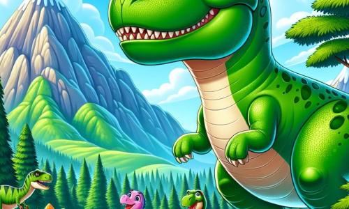 Illustratie van een levendige scène in een groene vallei, omringd door majestueuze bergen onder een stralende blauwe lucht. Op de voorgrond staat een imposante Tyrannosaurus Rex, met een glanzende groene huid en vriendelijke ogen, trots en beschermend. Hij heeft een grote kop, korte gespierde armen en een lange staart die achter hem uitsteekt. Naast hem springt een klein dinosaurusje met roze schubben, vrolijk en nieuwsgierig, op de plaats, met opgewonden ogen. Op de achtergrond kijken twee vrienden, een Stegosaurus met kleurrijke platen op zijn rug en een behendige Velociraptor, bewonderend toe. De scène vangt het moment waarop de Tyrannosaurus Rex en zijn vrienden zich voorbereiden om een dreigend gevaar onder ogen te zien, met een grote bedreigende steen die van de berg is gerold, terwijl kleurrijke bloemen en weelderige bomen een vleugje magie aan de omgeving toevoegen.