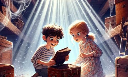 Illustratie van een oude, stoffige zolder, vol met houten kisten, oude boeken en glinsterende spinnenwebben in het gedimde licht dat door een klein raam naar binnen valt. In het midden van deze scène zit een 9-jarig jongetje met messy kastanjebruin haar en nieuwsgierige ogen voor een oude leren koffer, verwonderd kijkend. Hij draagt een gestreept t-shirt en een korte broek, en houdt een oud leren dagboek in zijn handen, dat hij opgewonden opent. Naast hem kijkt een 9-jarig meisje met lang blond haar, in een paardenstaart, aandachtig naar het dagboek. Ze draagt een bloemenjurk en sandalen, en haar gezicht straalt enthousiasme en avontuur uit. Samen ontdekken ze een verborgen geheim, omringd door een mysterieuze en magische sfeer, met lichtstralen die stofdeeltjes in de lucht verlichten, wat een sfeer van verkenning en vriendschap creëert.