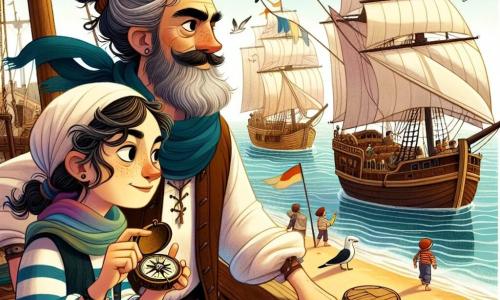 Illustratie van een levendige scène in een drukke haven, met witte zeilen die in de wind wapperen en houten boten die langs een zonnige pier zijn aangemeerd. Op de voorgrond staat een vrouw met een vastberaden gezicht, met lange grijze haren in een rommelige knot, die een kleurrijke sjaal en een gestreepte blouse draagt. Ze houdt een oude kompas stevig in haar hand en speurt de horizon af met avontuurlijke ogen. Naast haar staat een middelbare man met een dikke baard en een vrolijke glimlach, gekleed in een versleten leren vest, die de zee met een opgetogen blik in zijn ogen observeert. Samen staan ze op het dek van een groot schip, klaar om op zoek te gaan naar een oude piratenlegende. Op de achtergrond spelen kinderen op het strand, vliegen meeuwen boven hen en wapperen kleurrijke vlaggen in de wind, wat een vleugje magie toevoegt aan deze scène van kameraadschap en avontuur.