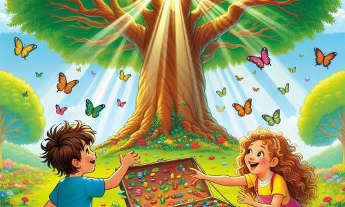 Illustrazione che rappresenta un grande albero maestoso al centro di un parco colorato, con foglie verdi brillanti e fiori gialli e rossi sparsi intorno. Sotto l'albero, tre giovani avventurieri sono riuniti: un ragazzo di circa 8 anni, con capelli castani disordinati e una maglietta blu, che tiene un cofanetto aperto pieno di caramelle colorate, un ragazzo di circa 7 anni, con capelli biondi e pantaloni corti rossi, che guarda con meraviglia il tesoro, e una ragazza di circa 8 anni, con capelli lunghi e ricci, che indossa un vestito rosa, sorridendo gioiosamente mentre punta verso il cofanetto. L'atmosfera è piena di gioia ed emozione, con raggi di sole che filtrano tra i rami dell'albero, creando ombre danzanti sul terreno. Farfalle colorate volano intorno a loro, aggiungendo un tocco magico alla scena.