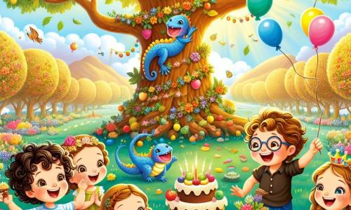 Illustrazione che rappresenta un grande parco verdeggiante, pieno di alberi maestosi con foglie dorate e fiori colorati che danzano sotto una dolce brezza. Al centro, un grande albero con frutti brillanti come stelle, sotto il quale si trova un tavolo decorato con torte colorate e caramelle scintillanti. Un bambino di quattro anni, con capelli castani e ricci, sorride con occhi scintillanti di gioia, tenendo un pezzo di torta al cioccolato in mano. Accanto a lui, una bambina di quattro anni, con lunghi capelli biondi intrecciati, ride mentre tiene una ghirlanda di fiori. Un altro bambino, di cinque anni, con occhiali e capelli castani, sta ballando, mentre una bambina di cinque anni, con capelli ricci e neri, applaude con entusiasmo. La scena cattura l'istante magico in cui i bambini celebrano un compleanno, circondati da dolci e risate, con una lucertola blu che danza gioiosamente tra di loro, aggiungendo un tocco di magia a questa festa indimenticabile. Palloncini colorati fluttuano nel cielo e raggi di sole illuminano l'intera scena, creando un'atmosfera gioiosa e festosa.