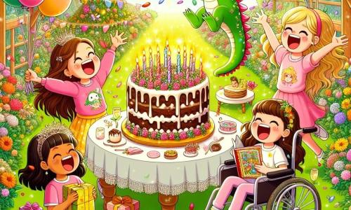 Illustrazione che rappresenta un giardino soleggiato, pieno di fiori colorati e palloncini che fluttuano nell'aria. Al centro, un grande tavolo decorato con una magnifica torta al cioccolato, adornata di candele scintillanti. Ci sono quattro ragazze di circa dodici anni: una ha lunghi capelli castani e indossa un vestito rosa, sorride felicemente tenendo un regalo. Un'altra ha capelli biondi e ricci, sta saltando dall'eccitazione. La terza, con capelli neri e una frangia, è seduta su una sedia, tenendo un libro illustrato, mentre la quarta, che usa una sedia a rotelle, ride di gusto, i suoi capelli castani che fluttuano nel vento. Sopra di loro, un piccolo drago verde con ali brillanti vola gioiosamente, lanciando scintille colorate nell'aria. Le ragazze sembrano incantate dalla sua presenza, e l'atmosfera è piena di risate e magia. Dei coriandoli fluttuano intorno, aggiungendo un tocco festoso a questa scena di compleanno incantata.