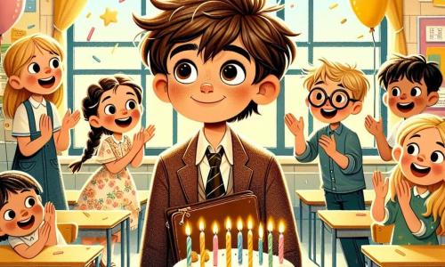Illustrazione che rappresenta un'aula luminosa con pareti dipinte di giallo pastello e finestre che lasciano entrare la luce del sole. Al centro, un ragazzo di 11 anni, con capelli castani in disordine e occhi brillanti di curiosità, è in piedi con un grande sorriso sul viso, tenendo un piccolo diario di pelle tra le mani. Intorno a lui, diversi compagni di classe, tutti di circa 11 anni, si sono radunati: una ragazza con capelli biondi intrecciati, che indossa un vestito a fiori, e un ragazzo con occhiali rotondi e capelli castani spettinati, che applaudono gioiosamente. La scena cattura il momento di sorpresa e felicità in cui il ragazzo scopre il regalo speciale dei suoi amici per il suo compleanno, con palloncini colorati che fluttuano sul soffitto e una grande torta al cioccolato sulla scrivania, decorata con dodici candele accese. Stelle filanti e coriandoli aggiungono un tocco festivo all'atmosfera gioiosa di questa celebrazione di compleanno.