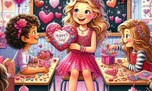 Illustrazione che rappresenta un'aula gioiosamente decorata per la festa di San Valentino. Le pareti sono adornate con cuori di carta colorata, ghirlande scintillanti e palloncini rossi e rosa che fluttuano sul soffitto. Al centro della scena, una ragazza di 7 anni con capelli biondi, ricci e luminosi, indossa un vestito rosa scintillante. È seduta a un banco, con un grande sorriso sul viso, mentre tiene un cuore di cartone decorato con brillantini e un messaggio dolce. Accanto a lei, un'altra ragazza di 7 anni, con capelli castani e ricci, indossa una maglietta a righe e un pantaloncino di jeans. Guarda il cuore con meraviglia, gli occhi brillanti di gioia. La scena principale mostra le due ragazze che scambiano i loro regali fatti a mano, circondate da compagni di classe che ridono e condividono dolcetti colorati. Piccole confezioni regalo e caramelle a forma di cuore sono sparse sui banchi, aggiungendo un tocco festoso all'atmosfera calorosa e amichevole della scena.