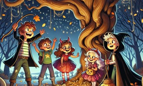Illustrazione che rappresenta un parco misterioso sotto un cielo stellato di ottobre, dove le foglie dorate cadono dolcemente dagli alberi. Al centro, un grande albero dalle radici tortuose, con i rami che si estendono come braccia, è circondato da antiche pietre che formano un cerchio magico. In questa scena, ci sono quattro bambini: una ragazza di sette anni con lunghi capelli castani e un costume da pirata, che tiene una spada di plastica e sorride con entusiasmo; un'altra ragazza, sempre di sette anni, vestita da diavolo rosso con corna scintillanti, che ride gioiosamente; una terza ragazza di sette anni, travestita da strega, con un grande cappello nero e una scopa, che guarda attorno a sé con curiosità; e infine, un ragazzo di sette anni, con capelli biondi e un'espressione preoccupata, vestito con una semplice maglietta, che si trova vicino all'albero, osservando le ombre. La scena principale mostra i bambini che scoprono un piccolo sacchetto di caramelle appeso a un ramo, i loro volti illuminati dalla luce delle lanterne che portano, mentre un piccolo gatto nero con occhi verdi brilla nell'oscurità, aggiungendo un tocco di magia all'atmosfera. Stelle scintillanti e lucciole danzano attorno a loro, creando un'atmosfera incantevole e misteriosa.