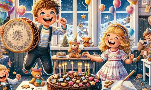 Illustrazione che rappresenta una scena festiva in una casa accogliente decorata per il Capodanno. Le pareti sono adornate con ghirlande colorate e palloncini fluttuanti, mentre un grande tavolo al centro è coperto di deliziosi biscotti a forma di stelle e di una enorme torta al cioccolato. In primo piano, un ragazzo di otto anni, con i capelli ricci e un sorriso splendente, salta di gioia tenendo un tamburo decorato con motivi festivi. Accanto a lui, una ragazza di sette anni, con capelli biondi e occhi scintillanti, si diverte a disegnare stelle nella farina sul tavolo. Un ragazzo di nove anni, con un cappello di festa divertente, ride tenendo un pallone gigante. La scena cattura l'eccitazione e la magia dei preparativi per la festa, mentre i bambini si uniscono per creare un'atmosfera gioiosa e piena di promesse per il nuovo anno. Sullo sfondo, un piccolo drago di carta con scaglie brillanti fluttua gioiosamente, aggiungendo un tocco di magia all'atmosfera festiva.