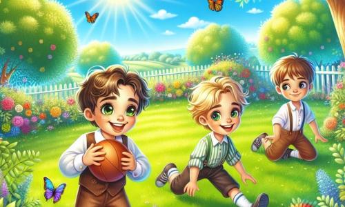 Illustrazione che rappresenta un giardino soleggiato, pieno di fiori colorati e alberi maestosi. L'erba è di un verde brillante e un grande cielo blu si estende sopra, punteggiato da alcune nuvole bianche e soffici. Ci sono tre ragazzi: il primo, con capelli castani e ricci, di circa 8 anni, sorride gioiosamente tenendo una palla tra le mani. Il secondo, con occhi scintillanti e capelli biondi, sempre di circa 8 anni, è pronto a ricevere la palla, con un grande sorriso sul volto. Il terzo ragazzo, un po' più piccolo, con capelli castani e un'espressione determinata, è accovacciato vicino a un cespuglio, cercando la palla appena caduta. La scena cattura il momento in cui i tre amici giocano insieme, illustrando la loro complicità e gioia. Farfalle colorate volano intorno a loro e una leggera brezza fa danzare le foglie degli alberi, aggiungendo un tocco di magia a questo momento di amicizia.