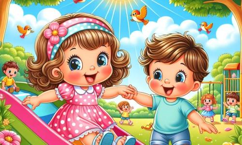 Illustrazione che rappresenta un parco scolastico soleggiato, con alberi verdi e fiori colorati che danzano nel vento. Al centro, una bambina di un anno, con grandi occhi scintillanti e capelli ricci, sorride gioiosamente mentre gioca su uno scivolo. Indossa un vestito rosa a pois bianchi e piccole sandali. Accanto a lei, un bambino di due anni, con capelli castani arruffati e una maglietta blu, ride mentre scivola sullo scivolo accanto a lei. La scena mostra la bambina che tende la mano verso il ragazzo, invitandolo a giocare insieme, mentre condividono un momento di felicità. Sullo sfondo, altri bambini si divertono sulle altalene e nei giochi, aggiungendo un'atmosfera gioiosa e amichevole. Gli uccelli cantano sugli alberi e il cielo è di un blu splendente, rafforzando l'idea di una bella giornata di amicizia.