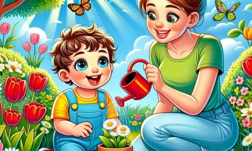 Illustrazione che rappresenta un giardino in piena fioritura in primavera, con fiori colorati come tulipani rossi e margherite bianche, alberi con foglie verdi brillanti e un cielo blu luminoso punteggiato da alcune nuvole bianche e soffici. Al centro dell'immagine, un bambino di 1 anno, con capelli ricci castani e occhi scintillanti, indossa una salopette blu e una maglietta gialla. È accovacciato, tiene un piccolo annaffiatoio di plastica e sta annaffiando una margherita con un grande sorriso sul volto, mostrando il suo entusiasmo per il giardinaggio. Accanto a lui, una donna di circa 30 anni, con lunghi capelli castani raccolti in uno chignon, indossa una maglietta verde e pantaloni leggeri. Sorride guardando il bambino, tenendo un guanto da giardinaggio in una mano e una piccola pala nell'altra, pronta ad aiutarlo a scoprire le meraviglie del giardino. La scena trasmette un'atmosfera gioiosa e giocosa, con farfalle colorate che volano intorno ai fiori e raggi di sole che illuminano il giardino, creando un'atmosfera calda e accogliente.