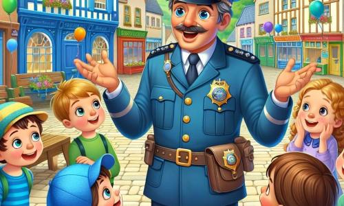 Illustrazione che rappresenta una scena animata in una graziosa piazza di un villaggio, circondata da case colorate con persiane blu e gialle, con panchine in legno e alberi verdi. Al centro, un uomo in uniforme di poliziotto, con capelli castani leggermente brizzolati, un sorriso caloroso e un distintivo brillante sul petto, è in piedi su un podio decorato con palloncini. Spiega con entusiasmo ai bambini, gesticolando con le mani, mentre tiene un microfono. Attorno a lui, un gruppo di quattro bambini, due ragazzi e due ragazze, di circa 8-10 anni, ascoltano attentamente. Uno dei ragazzi, con capelli castani e occhi brillanti, indossa un cappellino blu e tiene una lente di ingrandimento di plastica, mentre la ragazza alla sua destra, con lunghe trecce brune, guarda con ammirazione. Gli altri bambini, un ragazzo biondo e una ragazza dai capelli ricci, si trovano vicino a loro, affascinati dalla storia. La scena mostra l'agente di polizia che racconta un'avventura, con espressioni gioiose sui volti dei bambini, mentre palloncini fluttuano nel cielo blu. Sullo sfondo, genitori sorridenti si trovano vicino ai banchi colorati del mercato, aggiungendo un'atmosfera festosa all'illustrazione.