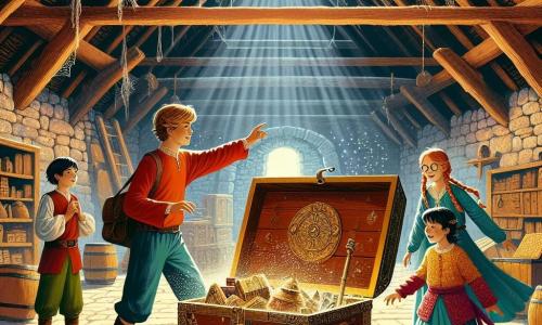 Illustrazione che rappresenta una scena magica all'interno di un vecchio granaio. Il luogo è pieno di travi di legno antiche, con raggi di luce che filtrano attraverso le crepe del soffitto, illuminando la polvere nell'aria. Al centro, un grande baule di legno, coperto di ragnatele, è aperto, rivelando un tesoro di oggetti antichi scintillanti. Quattro bambini, due ragazzi e due ragazze, sono riuniti attorno al baule. Il primo ragazzo, di nove anni, ha i capelli castani arruffati e indossa una maglietta rossa con pantaloni corti blu. Guarda con meraviglia il contenuto del baule. La seconda ragazza, anche lei di nove anni, ha lunghi capelli biondi intrecciati e indossa un vestito a fiori colorati. Si avvicina al baule con curiosità. Il terzo bambino, un ragazzo con capelli neri e occhiali rotondi, sta indicando un antico libro dalle pagine ingiallite, mentre la quarta, una ragazza con capelli castani e occhiali, osserva uno specchio antico decorato, affascinata dal suo riflesso. La scena principale mostra i bambini che scoprono tesori dimenticati, i loro volti illuminati dall'eccitazione e dalla curiosità. Raggi di luce emanano dallo specchio, creando un'atmosfera incantata. Sullo sfondo, ombre misteriose delle pareti del granaio aggiungono un tocco di avventura alla scena, mentre ragnatele e oggetti antichi completano l'atmosfera magica di questo luogo misterioso.