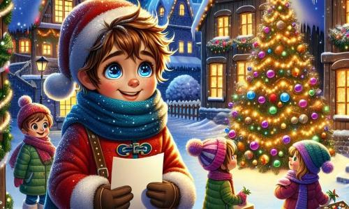 Illustrazione che rappresenta una scena magica in un villaggio innevato durante la notte di Natale. La piazza centrale è illuminata da un grande albero decorato con ghirlande scintillanti e palline colorate, circondato da case in legno con i tetti coperti di neve, con finestre illuminate che mostrano silhouette festive all'interno. In primo piano, un ragazzo di 11 anni, con capelli castani disordinati e occhi brillanti di curiosità, tiene una lettera tra le mani. Indossa un cappotto rosso vivo, una sciarpa di lana blu e guanti, e il suo viso esprime eccitazione e speranza. Guarda con meraviglia l'albero illuminato, pronto a condividere il suo messaggio con il mondo. Accanto a lui, due amici: una ragazza di 10 anni con lunghi capelli biondi intrecciati, che indossa un berretto di lana rosa e un piumino verde, sorride felicemente tenendo una scatola di decorazioni. L'altro amico, un ragazzo di 11 anni con occhiali tondi e capelli castani, sta posizionando una stella dorata sull'albero, con un'espressione concentrata e felice. La scena è riempita da fiocchi di neve che cadono dolcemente, creando un'atmosfera incantevole. Dei bambini giocano sullo sfondo, e luci scintillanti illuminano la notte, aggiungendo un tocco di magia a questo momento di condivisione e amicizia.