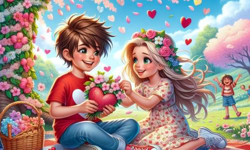 Illustrazione che rappresenta un magnifico parco in primavera, con un grande albero di ciliegio in fiore, i cui rami carichi di fiori rosa e bianchi cadono dolcemente come fiocchi. A terra, una coperta colorata è stesa, adornata di cuori di carta e dolciumi.

Al centro dell'immagine, un ragazzo di 11 anni, con capelli castani in disordine e un sorriso radioso, è seduto sulla coperta. Indossa una maglietta rossa con un cuore disegnato sopra e un pantaloncino di jeans. Tiene in mano una lettera profumata di rosa, con gli occhi scintillanti di eccitazione e curiosità.

Accanto a lui, una ragazza di 10 anni, con lunghi capelli biondi intrecciati e un vestito leggero a fiori, sta decorando la coperta con fiori che ha raccolto. Sorride gioiosamente, aggiungendo un tocco di magia alla scena.

Sullo sfondo, altri bambini giocano e ridono, creando un'atmosfera festosa e gioiosa. Palloncini colorati fluttuano nel cielo blu e cuori di carta volano intorno, simboleggiando amore e amicizia. L'illustrazione trasmette un'ambientazione calda e vivace, catturando lo spirito della festa di San Valentino.