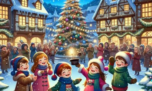 Illustrazione che rappresenta un villaggio innevato durante la notte di Natale. La scena si svolge in una charmante piazza centrale, circondata da case in legno con tetti coperti di neve scintillante. Un grande albero di Natale, decorato con ghirlande luminose colorate e palline brillanti, troneggia al centro della piazza, illuminando l'atmosfera festiva. Si vedono quattro bambini: un ragazzo dai capelli castani, di circa otto anni, con un berretto rosso e una sciarpa blu, che sorride felicemente mentre tiene un grande cappello magico; una ragazza dai capelli biondi, anch'essa di otto anni, vestita con un cappotto rosa, che danza con stelle scintillanti intorno a lei; un ragazzo dai capelli castano chiaro, di circa otto anni, vestito con una giacca verde, che ride mentre lancia palle di neve; e una ragazza dai capelli neri, con un berretto di lana, che applaude con entusiasmo. La scena principale mostra i bambini che partecipano a uno spettacolo di magia natalizia, circondati da luci scintillanti e fiocchi di neve che cadono dolcemente. Sullo sfondo, adulti sorridenti osservano, meravigliati dalla magia della scena. Lanterna appese illuminano la piazza, creando un'atmosfera calda e festiva.