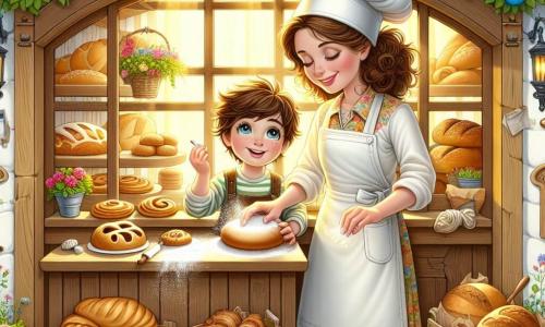 Illustrazione che rappresenta una deliziosa panetteria in legno, con una facciata colorata decorata da fiori vivaci e una grande vetrina dove si possono vedere pani dorati e dolci appetitosi. All'interno, una donna sorridente, di circa trent'anni, con capelli castani ricci, indossa un grembiule bianco e un cappello da panettiere, mentre sta impastando una palla di pasta su un grande piano di lavoro in legno. Accanto a lei, un ragazzo di dieci anni, con capelli castani disordinati e occhi scintillanti, osserva con meraviglia, le mani piene di farina, cercando di riprodurre i suoi gesti. La scena trasmette un'atmosfera calda e gioiosa, con raggi di sole che filtrano attraverso la finestra, illuminando i granelli di farina nell'aria. Utensili da cucina, sacchi di farina e barattoli di ingredienti sono sparsi intorno a loro, aggiungendo un tocco di vita a questa scena di creazione culinaria.