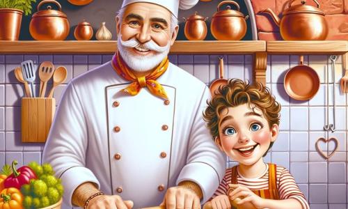 Illustrazione che rappresenta una cucina vivace e colorata, piena di pentole di rame lucide e utensili da cucina appesi sopra un grande piano di lavoro in legno. Le pareti sono dipinte in tonalità calde di rosso e arancione, e erbe fresche sono disposte su mensole di legno. Al centro della scena, un uomo con un grande cappello bianco da chef, con una barba ben curata e occhi scintillanti di creatività, sta impastando con entusiasmo. Indossa una giacca da chef bianca impeccabile, e il suo sorriso caloroso illumina la stanza. Accanto a lui, un giovane ragazzo di circa dieci anni, con capelli ricci e un viso sorridente, osserva con meraviglia. Indossa un grembiule colorato e tiene un mattarello, pronto ad aiutare. Il suo sguardo è pieno di eccitazione e curiosità. La scena principale mostra l'uomo e il ragazzo mentre preparano dei ravioli, con la pasta stesa sul piano di lavoro e ingredienti colorati come pomodori, basilico e funghi sparsi attorno a loro. Risate e gioia si leggono sui loro volti, illustrando la magia della cucina e il piacere di condividere un momento insieme. Bolle di dialogo potrebbero mostrare la loro complicità, con parole come 