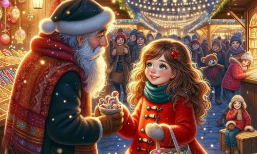 Illustrazione che rappresenta un mercatino di Natale incantevole, illuminato da luci scintillanti e lanterne colorate. I banchi di legno sono carichi di dolciumi, giocattoli di legno e decorazioni festive, mentre fiocchi di neve cadono dolcemente dal cielo stellato. In primo piano, una ragazza di 11 anni, con capelli castani ondulati e occhi verdi vivaci, indossa un cappotto rosso vivo e una sciarpa di lana. Sorride con entusiasmo, tenendo una borsa di tela piena di caramelle, pronta ad aiutare a ritrovare il sacco di Natale smarrito. Accanto a lei, un uomo anziano, con una lunga barba bianca e un cappotto rosso, appare preoccupato ma caloroso. Guarda la ragazza con gratitudine, i suoi occhi brillano di magia e speranza, mentre tiene in mano una lista di regali. La scena cattura il momento in cui la ragazza offre il suo aiuto per ritrovare il sacco di Natale, circondata dall'atmosfera gioiosa del mercatino, con bambini che ridono e famiglie che si radunano intorno ai banchi. Stelle scintillanti illuminano il cielo, aggiungendo un tocco di magia a questo incontro festivo.