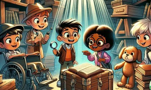 Illustrazione che rappresenta un vecchio sotterraneo misterioso, pieno di casse di legno, libri polverosi e un grande baule di legno al centro, con raggi di luce che filtrano da una piccola finestra. In questa scena, un ragazzo di otto anni, con un cappello da detective e una lente d'ingrandimento in mano, guarda con meraviglia un vecchio libro aperto su un tavolo. Accanto a lui, una ragazza di sette anni, con grandi occhiali e un sorriso radioso, punta il dito su un vecchio mappamondo. Un ragazzo di nove anni, con i capelli arruffati e un'espressione di eccitazione misto a paura, si tiene leggermente in disparte, mentre una ragazza di otto anni, su una sedia a rotelle, osserva attentamente, pronta a dare consigli. La situazione principale mostra i piccoli avventurieri che scoprono un antico segreto, uniti dalla loro curiosità e spirito di squadra, circondati da oggetti misteriosi e da un'atmosfera avventurosa. Ulteriori dettagli includono ragnatele negli angoli, ombre intriganti e riflessi di luce dorata che aggiungono un tocco magico all'insieme.
