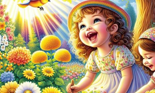 Illustrazione che rappresenta un giardino primaverile splendente di colori, con fiori gialli e bianchi che danzano sotto la dolce brezza. Al centro, una bambina di un anno, con capelli ricci e occhi scintillanti, indossa un bel cappello colorato e sorride gioiosamente guardando un albero maestoso con foglie verdi brillanti. Accanto a lei, una donna di una trentina d'anni, con capelli lunghi e castani, vestita con un abito leggero, si accovaccia per piantare semi nel terreno, con un sorriso benevolo sul volto. La bambina, con le mani piene di terra, scoppia a ridere osservando un uccello colorato posato su un ramo, che canta una dolce melodia. I raggi di sole filtrano tra le foglie, creando un gioco di ombre e luci sul terreno, mentre una leggera brezza fa vibrare fiori e foglie, aggiungendo un tocco di magia a questa scena primaverile.