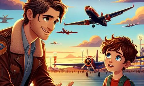 Illustrazione che rappresenta un aeroporto animato al crepuscolo, con aerei colorati allineati sulla pista, luci scintillanti e un cielo dalle tonalità dorate e arancioni. In primo piano, un uomo sulla trentina, con capelli castani leggermente ondulati, indossa una giacca da pilota in pelle e sorride calorosamente, accovacciato per parlare con un ragazzo di dieci anni. Il ragazzo, con capelli castani arruffati e una maglietta rossa, guarda l'uomo con occhi brillanti di curiosità, le mani che gesticolano con entusiasmo. La scena trasmette un'atmosfera di meraviglia e ispirazione, mentre l'uomo condivide storie di volo e avventura, mentre un aereo decolla maestosamente sullo sfondo, simboleggiando i sogni di viaggio e libertà. Nuvole soffici fluttuano nel cielo, aggiungendo un tocco di magia a questo incontro speciale.