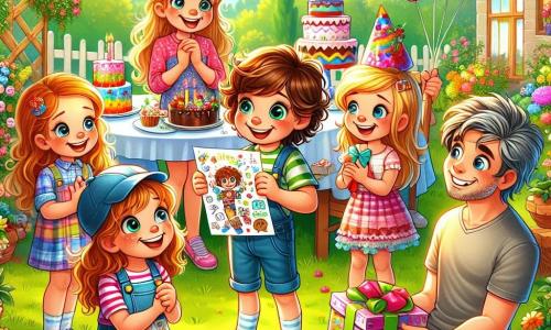 Illustrazione che rappresenta un giardino soleggiato, pieno di fiori colorati e di verde lussureggiante. Al centro, un gruppo di cinque bambini, tre ragazze e due ragazzi, è in cerchio. Uno dei ragazzi, di sette anni, ha i capelli castani e ricci, sorride entusiasta tenendo una lettera decorata con disegni. Accanto a lui, una ragazza con capelli biondi e lunghi, di sei anni, guarda con occhi brillanti, tenendo un pacco regalo colorato. Un'altra ragazza, con capelli castani e un cappellino, di sette anni, mostra un disegno a suo padre, un uomo sorridente con capelli brizzolati, vestito con una maglietta casual. Il padre, in ginocchio, guarda il suo bambino con orgoglio e amore. Sullo sfondo, palloncini colorati fluttuano nell'aria e un tavolo è imbandito con torte e dolci, creando un'atmosfera festosa e gioiosa.