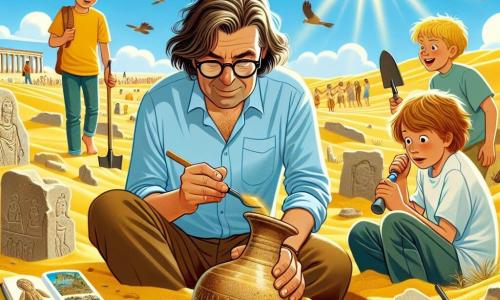Illustrazione che rappresenta un sito archeologico soleggiato, con dune di sabbia dorata e resti di pietre antiche che emergono dal terreno. Al centro, un uomo di mezza età, con i capelli castani leggermente arruffati e occhiali sul naso, è accovacciato, tenendo una pala in una mano e un pennello nell'altra, concentrato su un antico vaso che ha appena scoperto. Nelle vicinanze, due ragazzi di circa 10 anni, con capelli biondi e volti curiosi, osservano con meraviglia, uno con una lente d'ingrandimento e l'altro con un quaderno per prendere appunti. La scena mostra l'eccitazione della scoperta, con strumenti archeologici sparsi attorno a loro, e un cielo blu punteggiato di nuvole bianche. Uccelli volano sopra, aggiungendo un tocco di vita a questa affascinante avventura.
