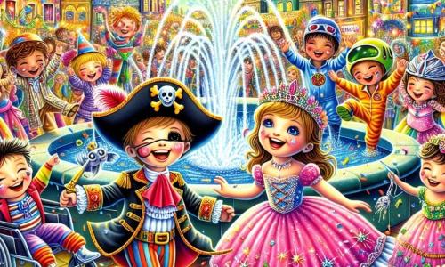 Illustrazione che rappresenta una scena vibrante del Carnevale in una grande città colorata. Al centro, una fontana scintillante spruzza acqua, circondata da fiori di carta multicolori e da ghirlande luminose. Dei bambini ballano gioiosamente attorno alla fontana, i loro costumi sgargianti illuminati dal sole. Un ragazzo di sette anni, con un grande sorriso, indossa un costume da pirata, un cappello nero decorato con una piuma rossa e una spada di plastica. Accanto a lui, una ragazza di sei anni, vestita con un magnifico abito da principessa rosa, si muove con grazia. Un altro ragazzo, sempre di sette anni, in costume da astronauta, si sposta su una sedia a rotelle, brandendo con entusiasmo una lente d'ingrandimento. La scena principale mostra i bambini che ballano in cerchio, pieni di gioia ed eccitazione, mentre un piccolo pesce d'argento salta fuori dalla fontana, pronto a rivelare loro il cammino verso un tesoro nascosto. Dei coriandoli colorati fluttuano nell'aria, aggiungendo un tocco festoso a questa scena magica del Carnevale.