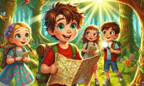 Illustrazione che rappresenta una foresta incantata, con grandi alberi dai tronchi spessi e foglie di un verde brillante. I raggi di sole filtrano attraverso il fogliame, creando macchie di luce dorata sul terreno coperto di muschio e fiori colorati. Al centro dell'immagine, un ragazzo di 9 anni, con capelli castani disordinati e occhi brillanti di curiosità, indossa una maglietta rossa e pantaloni corti di jeans. Tiene in mano una mappa antica, il suo viso illuminato dall'emozione dell'avventura. Sta indicando una direzione sulla mappa, pronto a esplorare. Accanto a lui, due amici: una ragazza di 9 anni con capelli biondi intrecciati e un vestito a fiori, che guarda la mappa con un sorriso entusiasta, e un ragazzo di 8 anni, con capelli castani e una maglietta blu, che tiene una piccola torcia, pronto a illuminare il cammino. La scena principale mostra i tre bambini in piena esplorazione, circondati da un'atmosfera magica, con uccelli colorati che volano intorno a loro e una leggera nebbia che fluttua tra gli alberi, aggiungendo un tocco di mistero alla loro ricerca del tesoro. Ulteriori elementi grafici includono una vecchia cassa di legno parzialmente interrata nel terreno, decorata con pietre preziose scintillanti, simbolo del tesoro che sperano di scoprire.