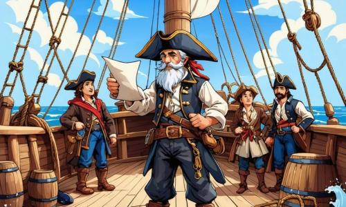 Illustrazione che rappresenta una scena vibrante sul ponte di un grande galeone pirata, "L'Aquila dei Mari", che naviga su onde tumultuose sotto un cielo blu punteggiato di nuvole bianche. Il legno del ponte è consumato dal tempo, con corde arrotolate e vele bianche gonfiate dal vento. Al centro, un uomo dal volto segnato, con una lunga barba grigia e occhi scintillanti di saggezza, si tiene fermo, tenendo una bussola in una mano e un vecchio pergamena nell'altra. Indossa un tricorno nero decorato con piume colorate e una giacca di pelle usurata, testimone delle sue numerose avventure in mare. Attorno a lui, un gruppo di ragazzi di circa 10-12 anni, con capelli arruffati e volti entusiasti, lo ascolta attentamente. Uno di loro, con un bandana rossa in testa, indica una mappa del tesoro stesa a terra, mentre un altro, con occhi brillanti, tiene una spada di legno, pronto per l'avventura. La scena principale mostra il momento in cui il vecchio marinaio condivide una storia avvincente su un tesoro nascosto, mentre il vento soffia nelle vele e le onde si infrangono contro lo scafo della nave. Gabbiani volano sopra, aggiungendo un tocco di vita a questa scena marittima piena di promesse e misteri.