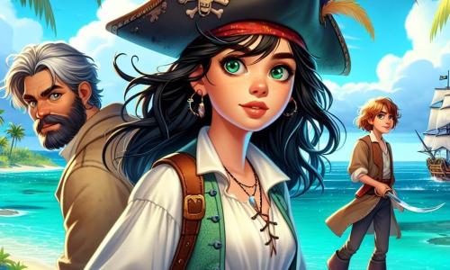 Illustrazione che rappresenta una scena emozionante su un'isola misteriosa al bordo di un oceano turchese, dove le palme ondeggiano dolcemente sotto un cielo soleggiato punteggiato di nuvole bianche. Al centro dell'immagine, una giovane donna pirata si erge fiera, i suoi lunghi capelli neri fluttuano al vento, i suoi occhi verdi brillano di determinazione. Indossa un cappello da pirata ornato di una piuma colorata, una camicia bianca leggermente sgualcita e un gilet di pelle, brandendo una spada scintillante, pronta a difendere il suo tesoro. Accanto a lei, due membri del suo equipaggio: un ragazzo di circa 12 anni, con i capelli biondi arruffati e un sorriso malizioso, che tiene una mappa del tesoro arrotolata, gli occhi brillanti di eccitazione. L'altro personaggio è un uomo anziano, con capelli grigi e una barba folta, vestito con un mantello logoro, che osserva l'orizzonte con un'espressione di saggezza, tenendo un cannocchiale in mano. La scena cattura un momento di tensione, mentre si preparano ad affrontare una minaccia imminente, con onde tempestose sullo sfondo e una silhouette minacciosa di una nave pirata che si avvicina in lontananza. Elementi grafici aggiuntivi includono tesori scintillanti sparsi sul terreno, uccelli colorati che volano nel cielo e ombre inquietanti proiettate dagli alberi, creando un'atmosfera di avventura e mistero.