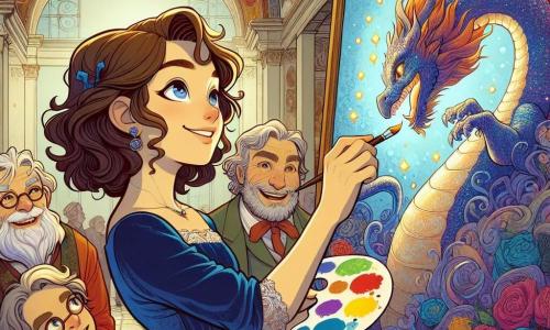 The illustration depicts a vibrant scene in a large exhibition hall in Florence, with walls adorned with colorful frescoes and majestic columns. In the center, a young woman with wavy brown hair, dressed in a blue velvet dress, holds a magical palette filled with bright colors. She is passionately painting a majestic dragon on a canvas, her eyes shining with determination and joy. Around her, several middle-aged artists with graying beards and colorful clothing admire her work. One, a bespectacled man, holds a brush and seems ready to join in, while another, an older man with a hat, smiles and nods, impressed by the young woman's talent. The main focus shows the young woman in action, surrounded by an aura of magic as she brings her painting to life, the dragon taking shape with shimmering scales. Splashes of color swirl around them, creating a fairy-tale atmosphere. Additional details include bursts of light, colorful flowers on the tables, and amazed spectators applauding, adding to the joyful energy of the scene.