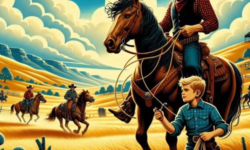 Illustratie van een uitgestrekt landschap van het Wilde Westen, met gouden heuvels onder een stralend blauwe lucht, bezaaid met witte, donzige wolken. Op de voorgrond staat een man, een cowboy van een dertiger, met een zwarte vilten hoed, een rood geruite shirt en een leren vest. Hij zit op een bruin paard met lange, zijdeachtige manen en houdt stevig een lasso vast in zijn rechterhand, klaar om deze te gebruiken. Naast hem staat een jongen van ongeveer tien jaar, met tousled blond haar en een ondeugende glimlach, die bewonderend toekijkt. Hij draagt een blauwe shirt en een broek van canvas, en houdt een kleine replica van een lasso vast, enthousiast de cowboy imiterend. De scène speelt zich net voor het begin van een cowboywedstrijd af, waar de cowboy en de jongen zich voorbereiden om hun vaardigheden te tonen. Op de achtergrond verzamelen andere cowboys zich, sommigen in gesprek, anderen aan het trainen, terwijl een houten bord "Cowboywedstrijd" aangeeft. De sfeer is vol opwinding en anticipatie, met details zoals verspreide cactussen en vogels die door de lucht vliegen.