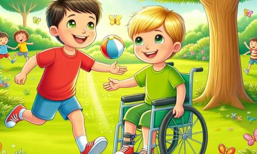 Ilustración que representa un parque soleado, lleno de exuberante vegetación y flores coloridas. En el centro, un gran árbol de hojas verdes brillantes ofrece sombra. Dos niños juegan alegremente sobre la suave hierba. Un niño de aproximadamente 8 años, con cabello castaño y ojos brillantes, lleva una camiseta roja y un pantalón corto azul. Corre con una gran sonrisa, sosteniendo una pelota en sus manos. Junto a él, un niño de 7 años, con cabello rubio y ojos claros, está sentado en una pequeña silla de ruedas. Lleva una camiseta amarilla y un pantalón corto verde. Su rostro irradia felicidad mientras mira a su amigo. La escena muestra el momento en que el niño en silla de ruedas lanza la pelota a su amigo, simbolizando su sincera amistad y la alegría de jugar juntos. Al fondo, niños ríen y juegan, y mariposas coloridas vuelan alrededor, añadiendo un toque de magia a este momento de amistad.