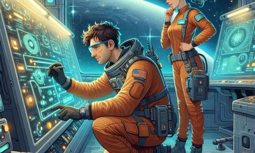 Illustratie van een interieur van een futuristisch ruimtestation, met zilverkleurige metalen muren en heldere schermen die technische gegevens weergeven. Lichten knipperen in blauwe en groene tinten, wat een dynamische sfeer creëert. In het midden van de scène staat een man van ongeveer dertig jaar, met rommelig bruin haar en een veiligheidsbril op zijn voorhoofd, gebogen over een complex bedieningspaneel, waarbij hij gereedschap gebruikt om een paneel te repareren. Hij draagt een oranje ruimtepak met zakken vol gadgets. Naast hem staat een jonge vrouw van ongeveer 25 jaar, met blond haar in een paardenstaart en een bemoedigende glimlach, die aandachtig kijkt en een gereedschap in haar handen vasthoudt, klaar om te helpen. De hoofdscène toont de man die zich concentreert op zijn taak, terwijl de vrouw hem aanmoedigt, wat een moment van intense samenwerking in een technologische omgeving illustreert. Op de achtergrond tonen ramen de uitgestrektheid van de ruimte, bezaaid met fonkelende sterren en een kleurrijke planeet.