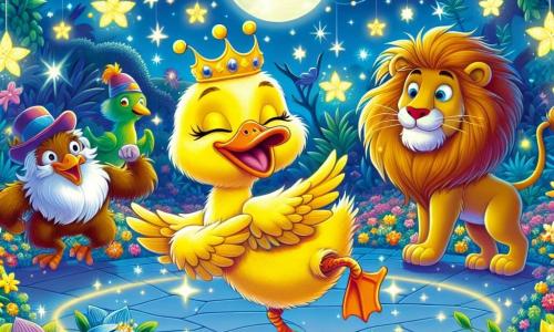 Ilustracja przedstawiająca magiczny ogród oświetlony przez księżyc, wypełniony kolorowymi kwiatami, które świecą jak gwiazdy. W centrum, kaczka o jaskrawożółtych piórach i żywym pomarańczowym dziobie, tańcząca radośnie z komicznymi ruchami, z rozpostartymi skrzydłami i dużym uśmiechem na twarzy. Obok niej lew o złotych grzywie, z rozbawionym wyrazem twarzy, który stara się nadążyć w wykonaniu niezgrabnych kroków tańca. W tle inne zwierzęta z zoo, jak małpa o figlarnych oczach i słoń z dużymi uszami, z zachwytem obserwują scenę i śmieją się. Scena jest wypełniona magią i radością, z migotliwymi błyskami światła wokół postaci, tworząc radosną i zabawną atmosferę.