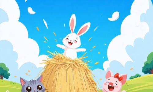 Ilustracja przedstawiająca rozległe zielone pole pod jasnoniebieskim niebem, usianym puszystymi białymi chmurami. W centrum, królik z dużymi uszami, o miękkim i jedwabistym futrze, z błyszczącymi i figlarnymi oczami, skacze radośnie w stercie siana, rozpryskując źdźbła słomy wokół siebie. Obok, mały kotek o szarym futrze i błyszczących oczach obserwuje scenę z rozbawionym uśmiechem, podczas gdy mała różowa świnka, z ładną czerwoną kokardą na głowie, śmieje się głośno, trzymając łapki w górze. Główna sytuacja pokazuje królika, który po odważnym skoku ląduje w stercie siana, tworząc chmurę słomy i wywołując wesołość swoich przyjaciół. W tle widać kolorowe kwiaty i zielone drzewa, dodające radosnego akcentu tej radosnej i pełnej życia scenie.